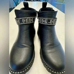 Bebe girls black faux leather boots zip up side rhinestone logo band Sz 2